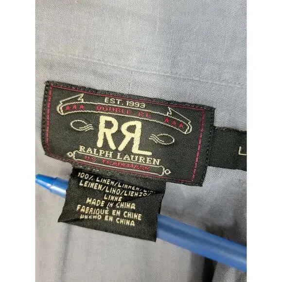 DOUBLE RRL Ralph Lauren gray Linen Long Sleeve Button Up Size L Men's Shirt #C - Picture 7 of 8